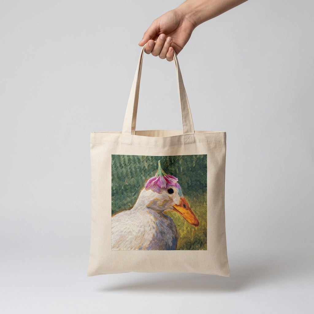 Duck with flower hat tote bag