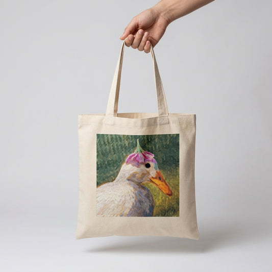 Duck with flower hat tote bag