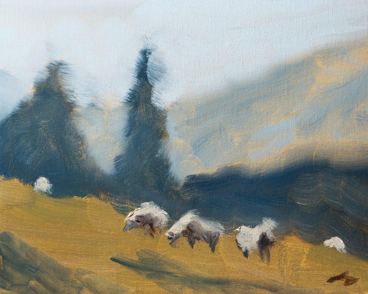 Painting of sheep in a landscape with trees and mountains.