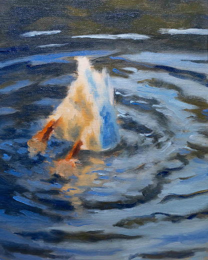 Artistic depiction of a duck in water with a blue sky reflection