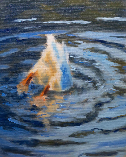 Artistic depiction of a duck in water with a blue sky reflection