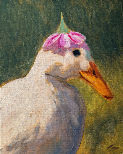 Painting of a duck with a pink flower on its head against a green background