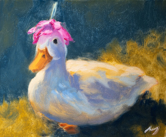 Painting of a duck with a pink flower on its head against a dark background
