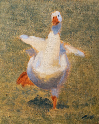 Painting of a goose on a textured green background