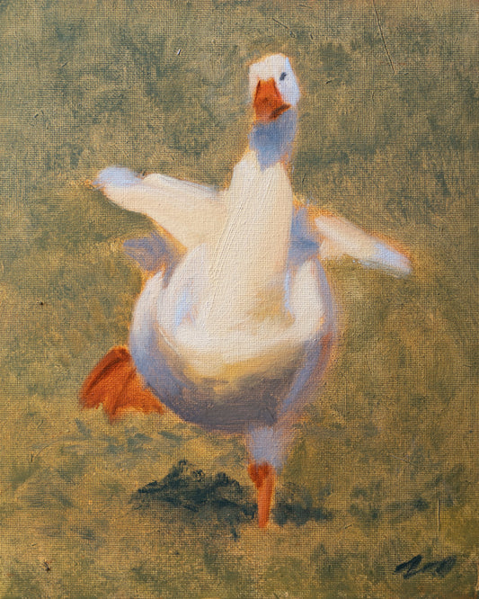 Painting of a goose on a textured green background