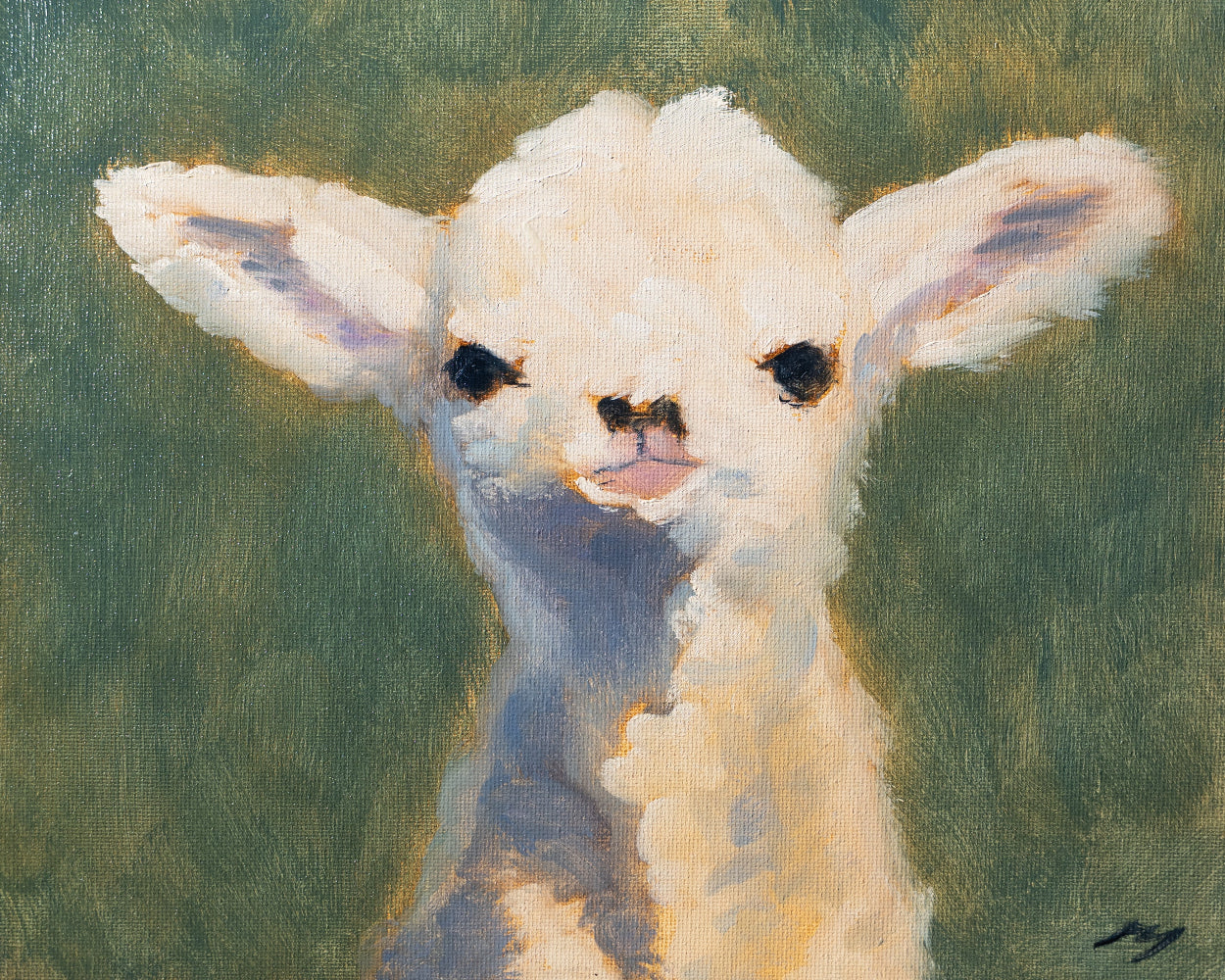 Painting of a lamb's face with a soft focus background