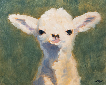 Painting of a lamb's face with a soft focus background