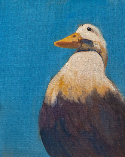 Painting of a duck with a blue background