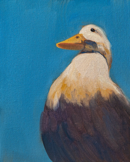 Painting of a duck with a blue background