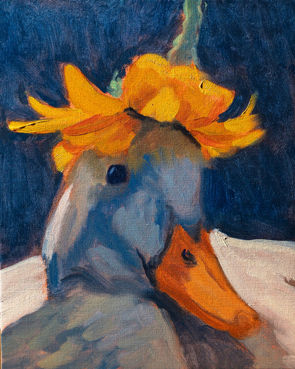 Painting of a duck with yellow flowers on its head against a dark background