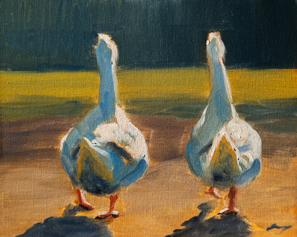 Two geese standing on a rock with a field and dark sky in the background