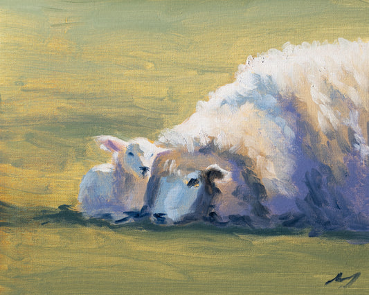 Painting of sheep in a field with a soft, pastel color palette.
