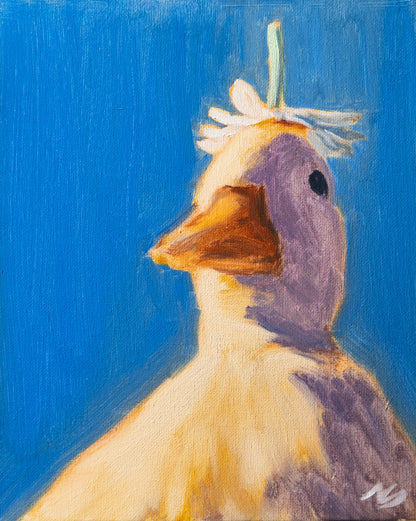 Painting of a duck with a blue background