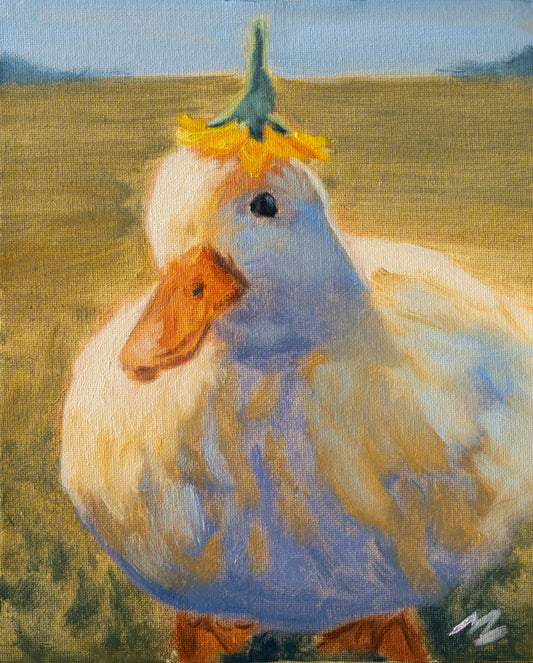 Painting of a duck standing in a field with a blurred background