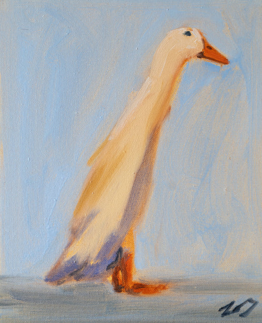 Painting of a duck on a light blue background