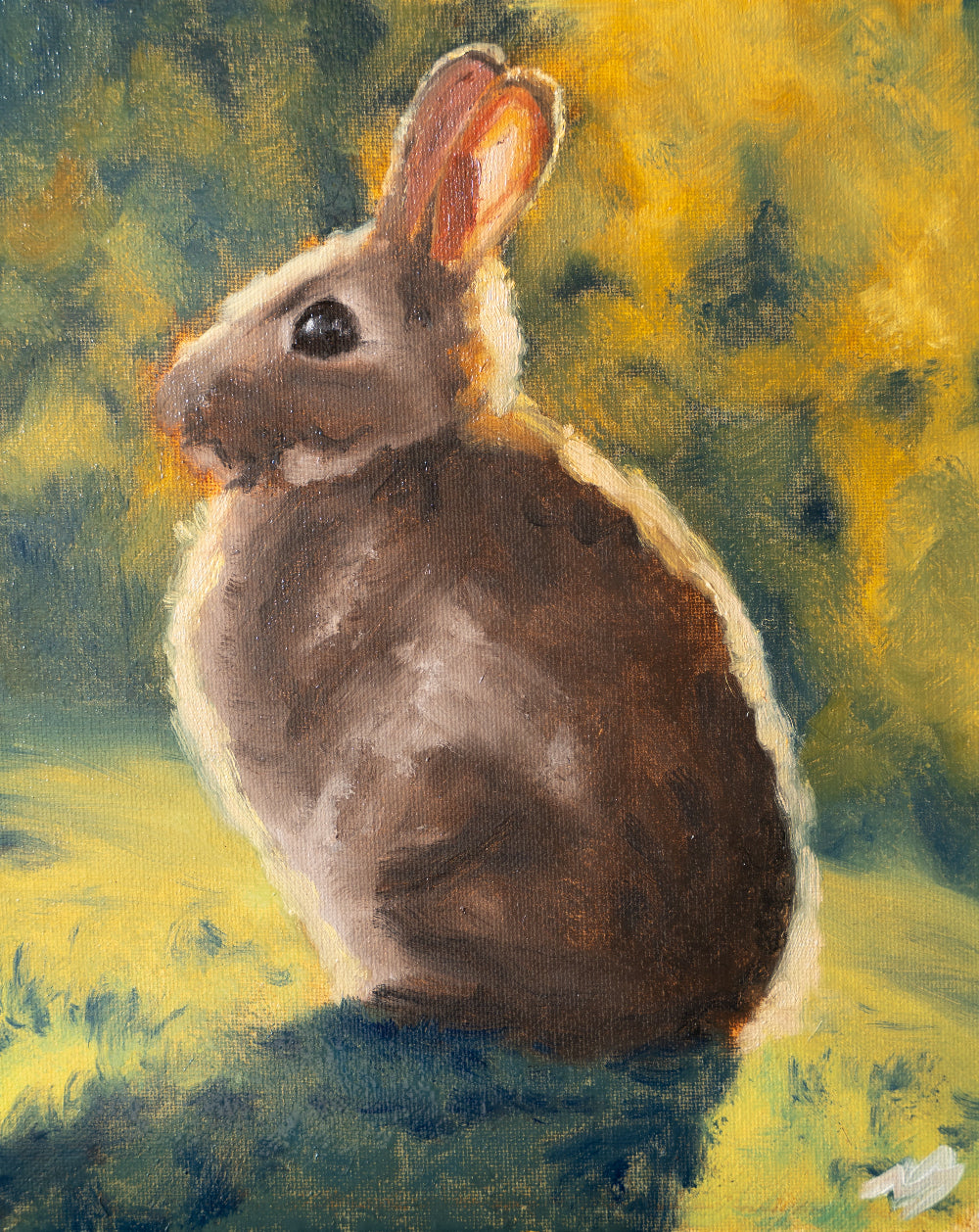 Painting of a rabbit sitting on grass with a blurred natural background
