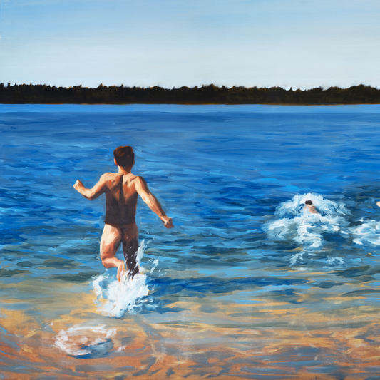 Person running into a lake with another person swimming, surrounded by trees on the horizon.