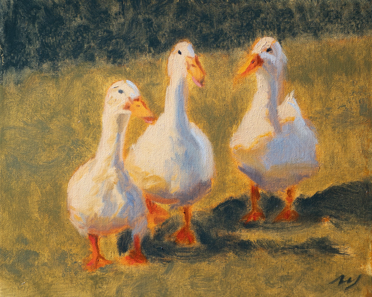 Painting of three ducks standing on a grassy field