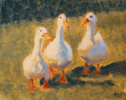 Painting of three ducks standing on a grassy field